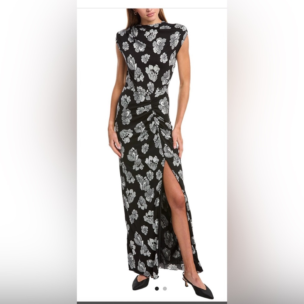 Diane Von Furstenberg Black and White Slit Maxi Gown with Cap Sleeves